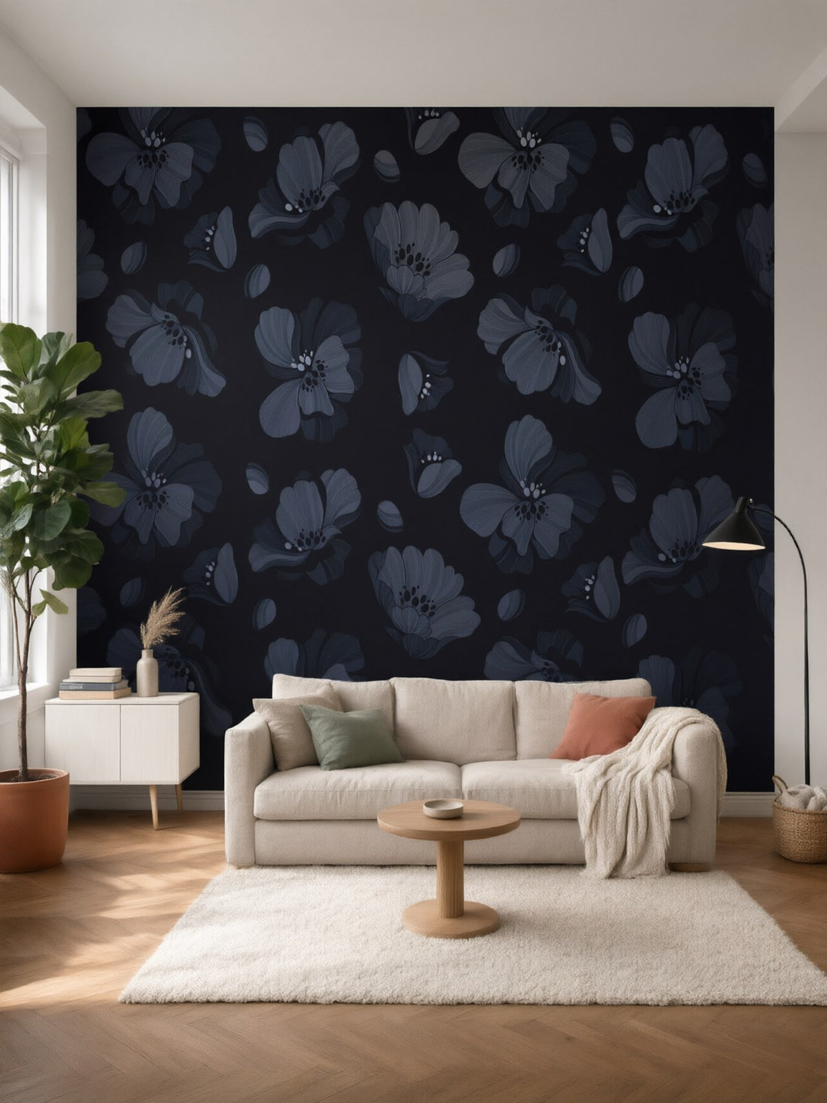 Papier peint panoramique Fleurs de nuit posé au mur, vue 2