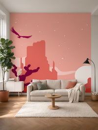 Papier peint panoramique désert rose posé au mur, vue 2