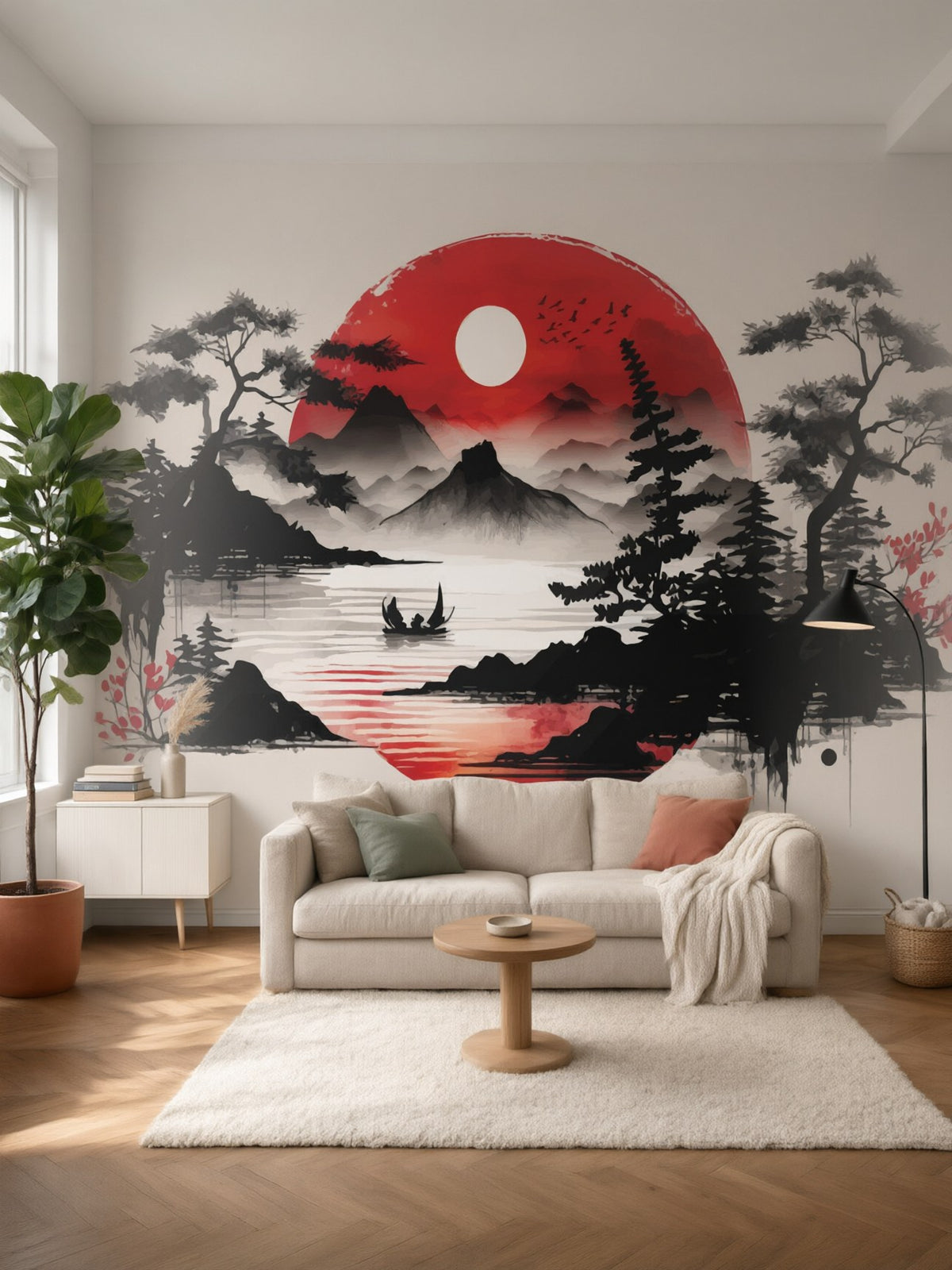 Papier peint panoramique Paysage japonais au soleil rouge posé dans un salon