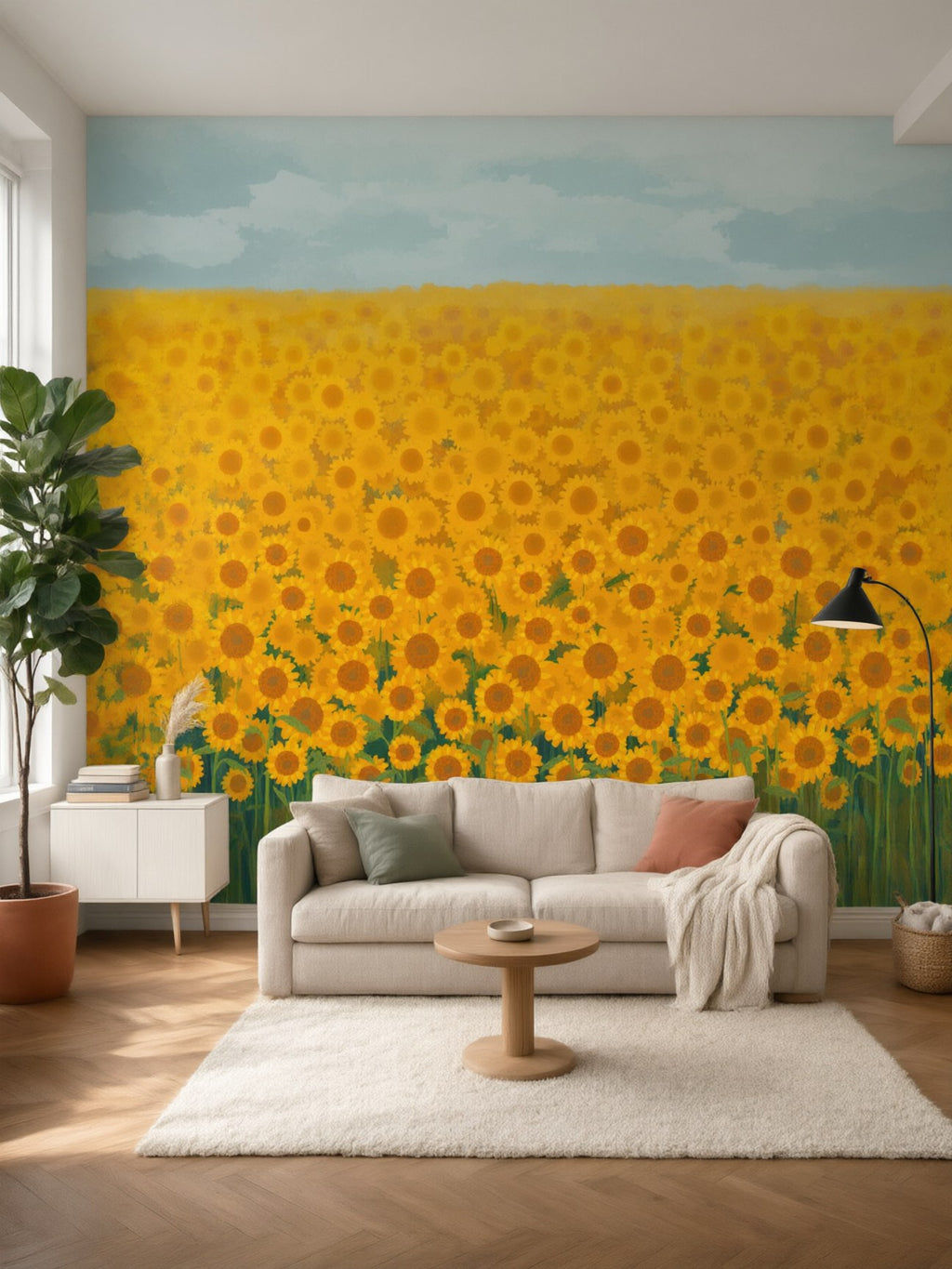 Papier peint panoramique Champ de tournesols posé au mur, vue 2