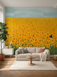 Papier peint panoramique Champ de tournesols posé au mur, vue 2