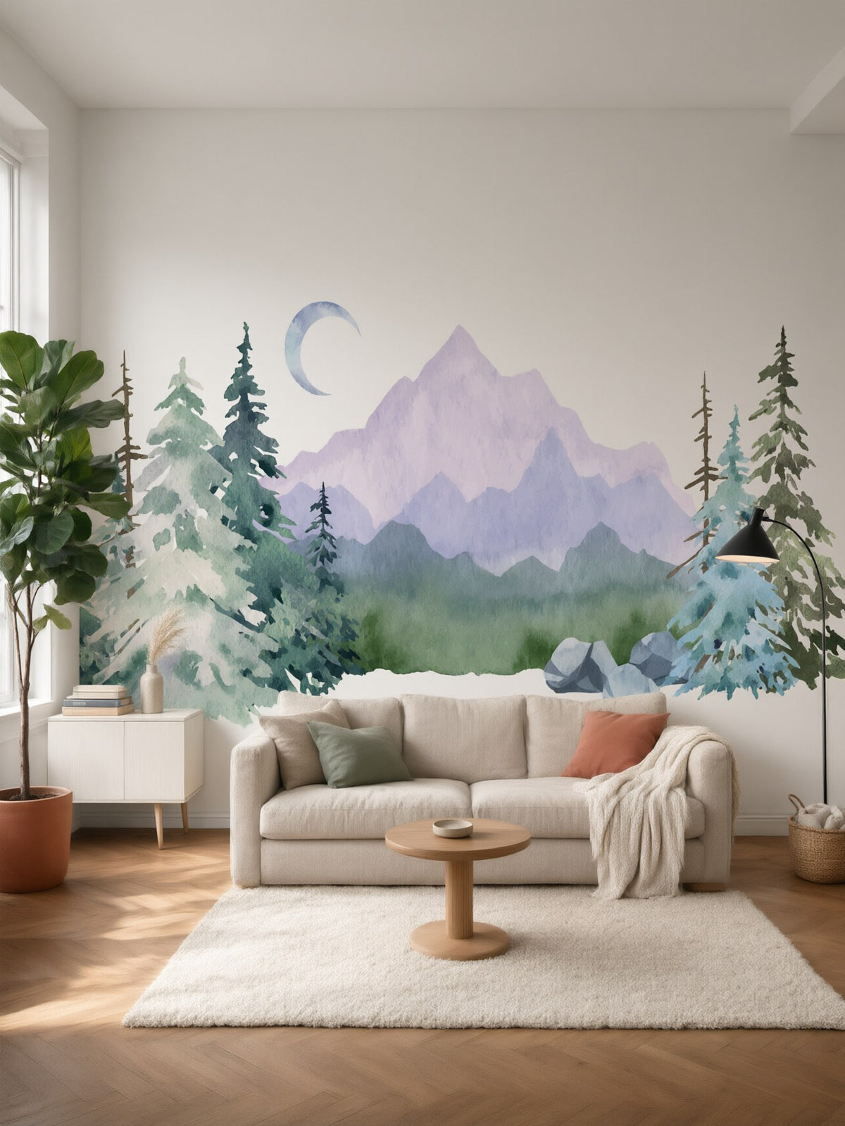 Papier peint panoramique Montagne et sapins posé au mur, vue 2