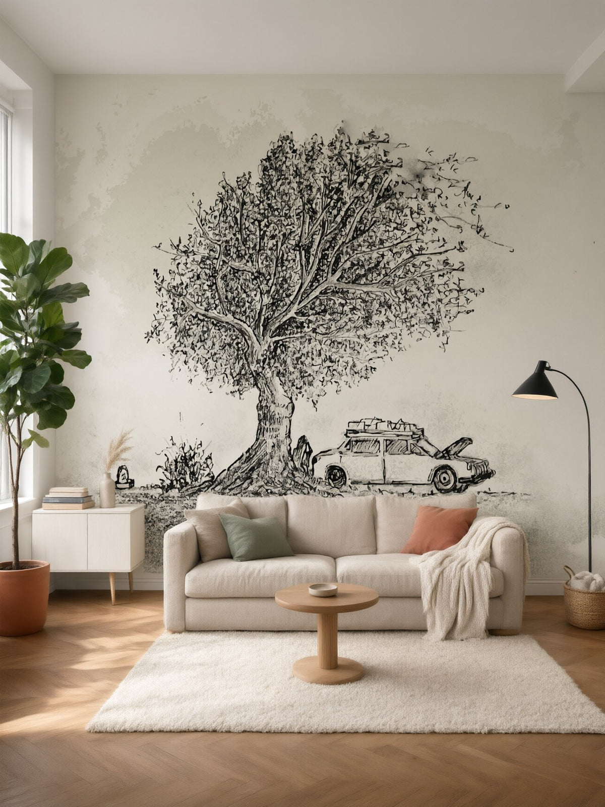 Papier peint panoramique Arbre et voiture ancienne posé au mur, vue 2