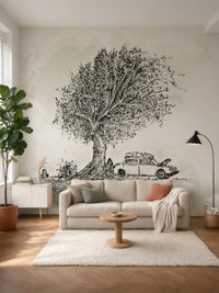 Papier peint panoramique Arbre et voiture ancienne posé au mur, vue 2