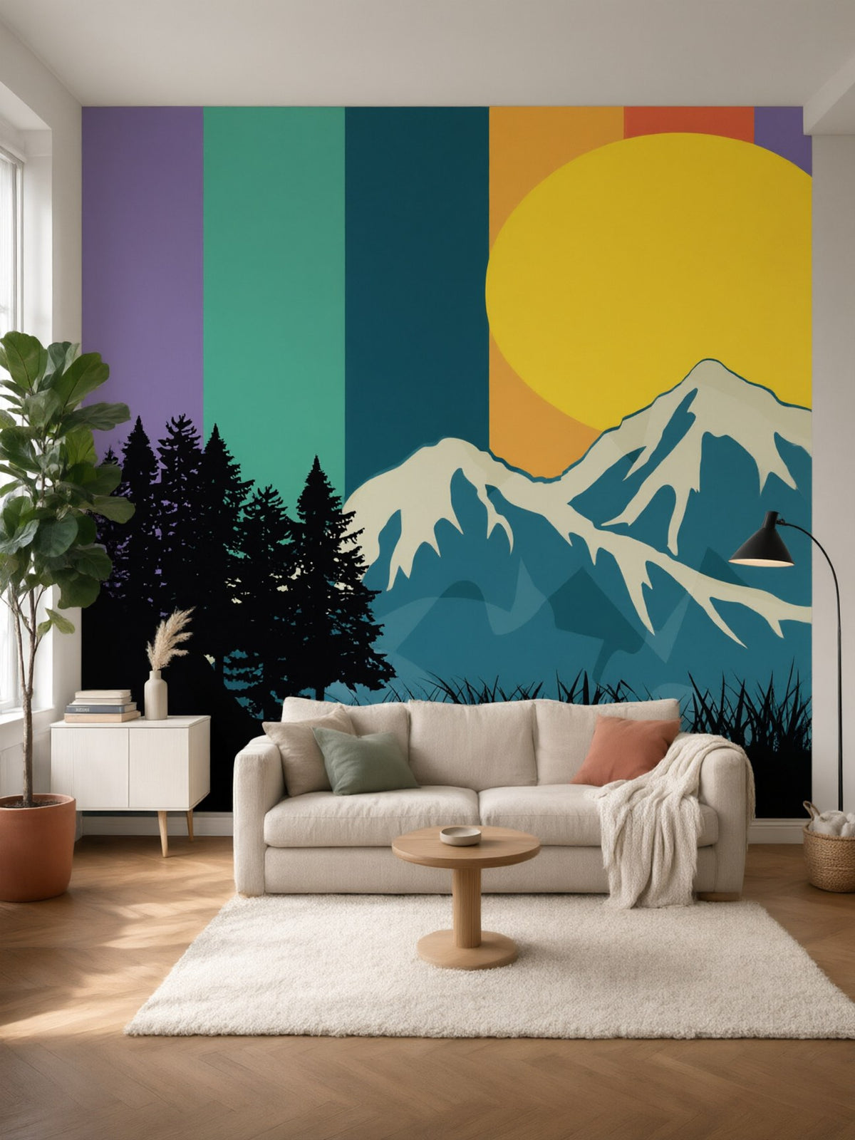 Papier peint panoramique montagne rétro — sommets enneigés et soleil jaune