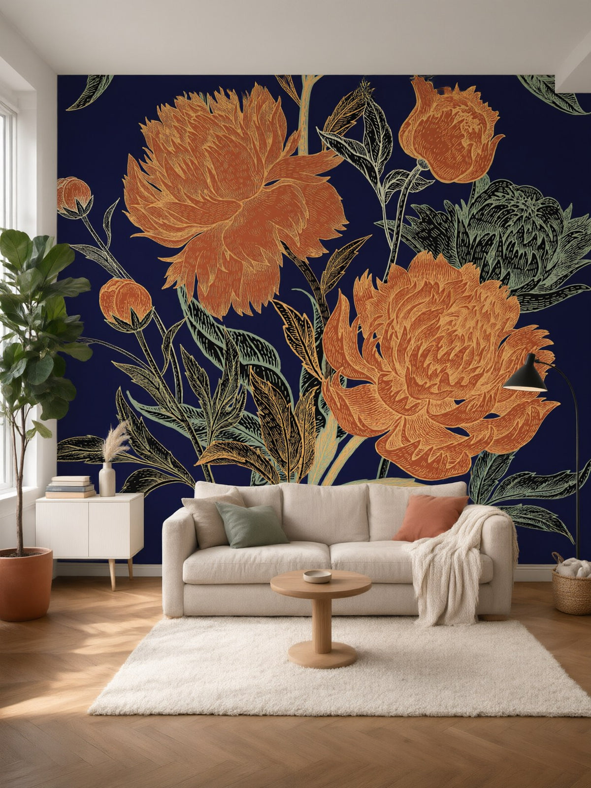 Papier peint panoramique Pivoines posé au mur, vue 2
