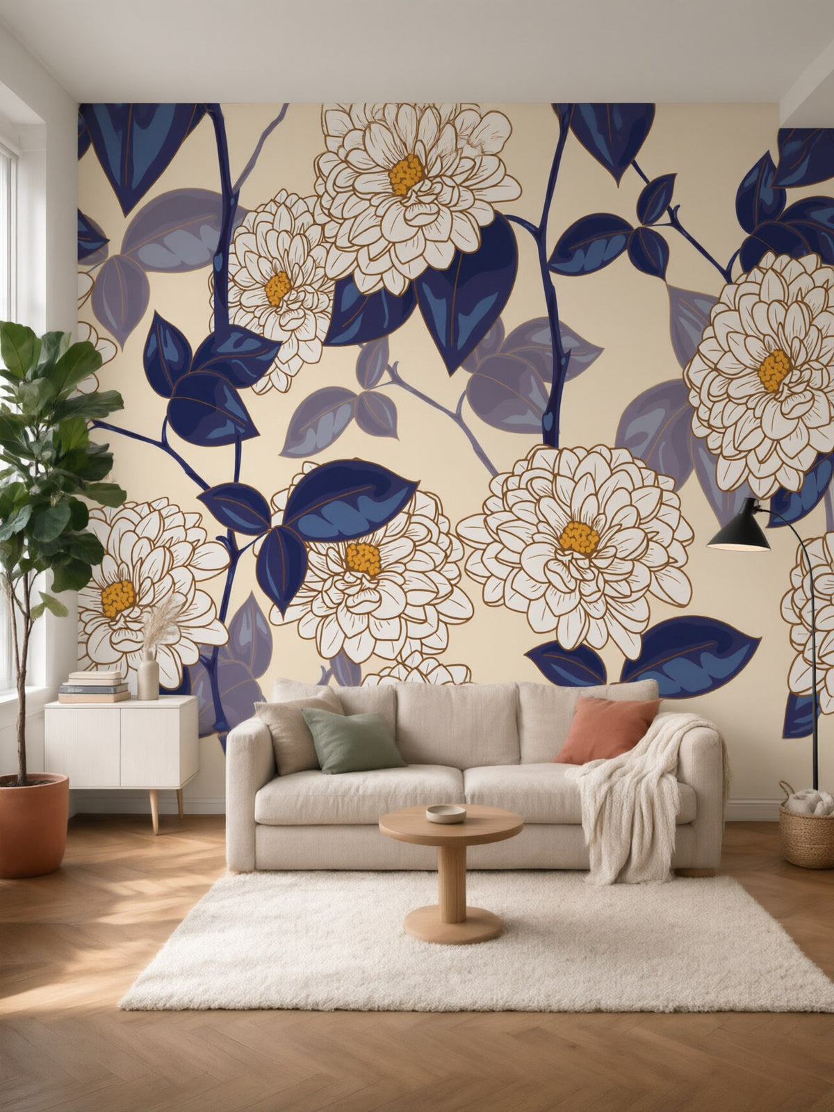 Papier peint panoramique Chrysanthèmes posé au mur, vue 2
