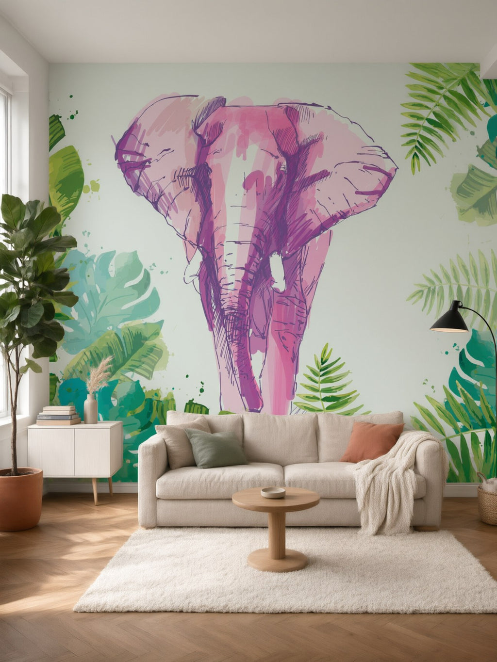 Papier peint panoramique Éléphant dans la jungle posé dans un salon