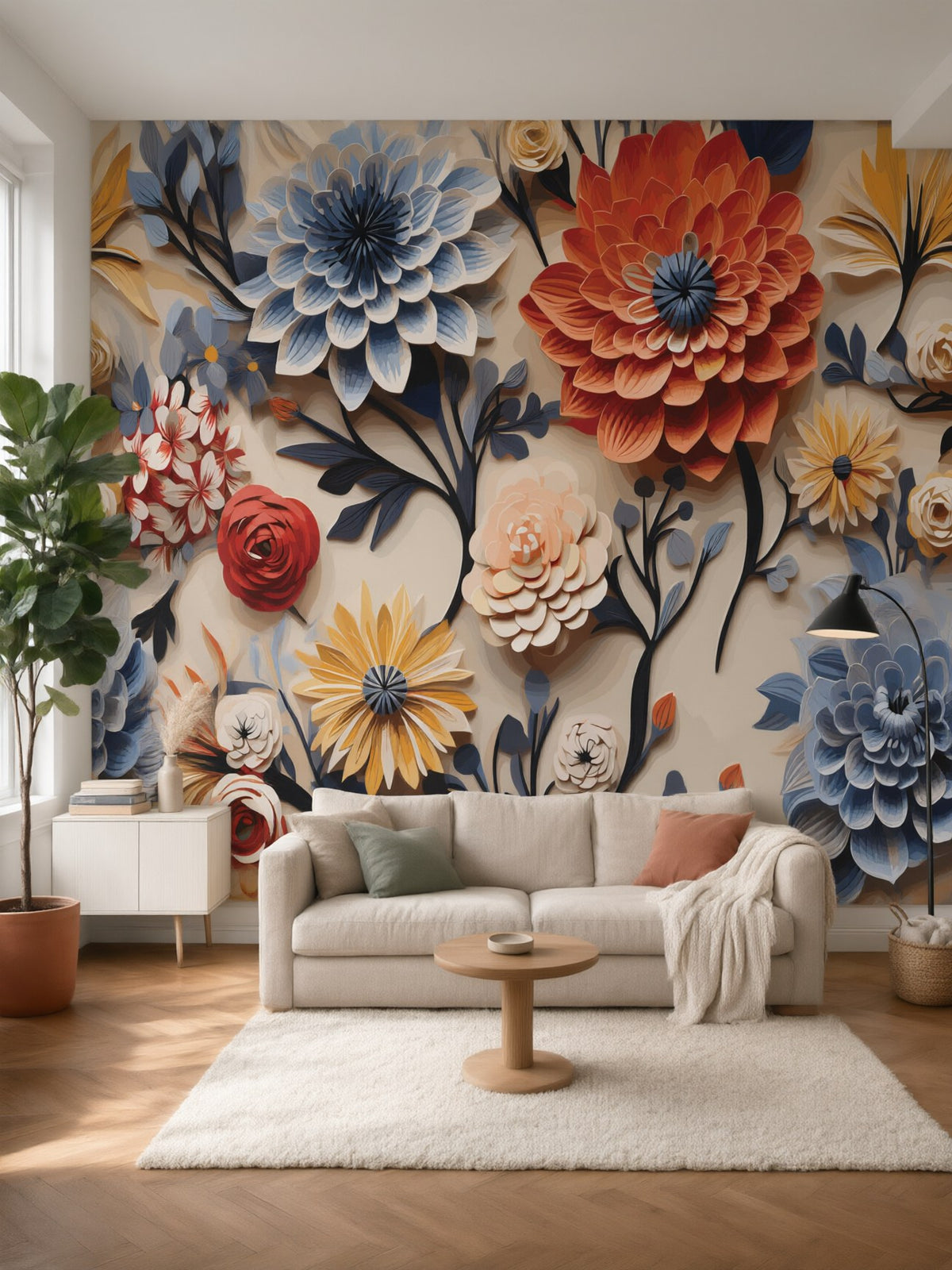 Papier peint panoramique Dahlias en relief posé au mur, vue 2
