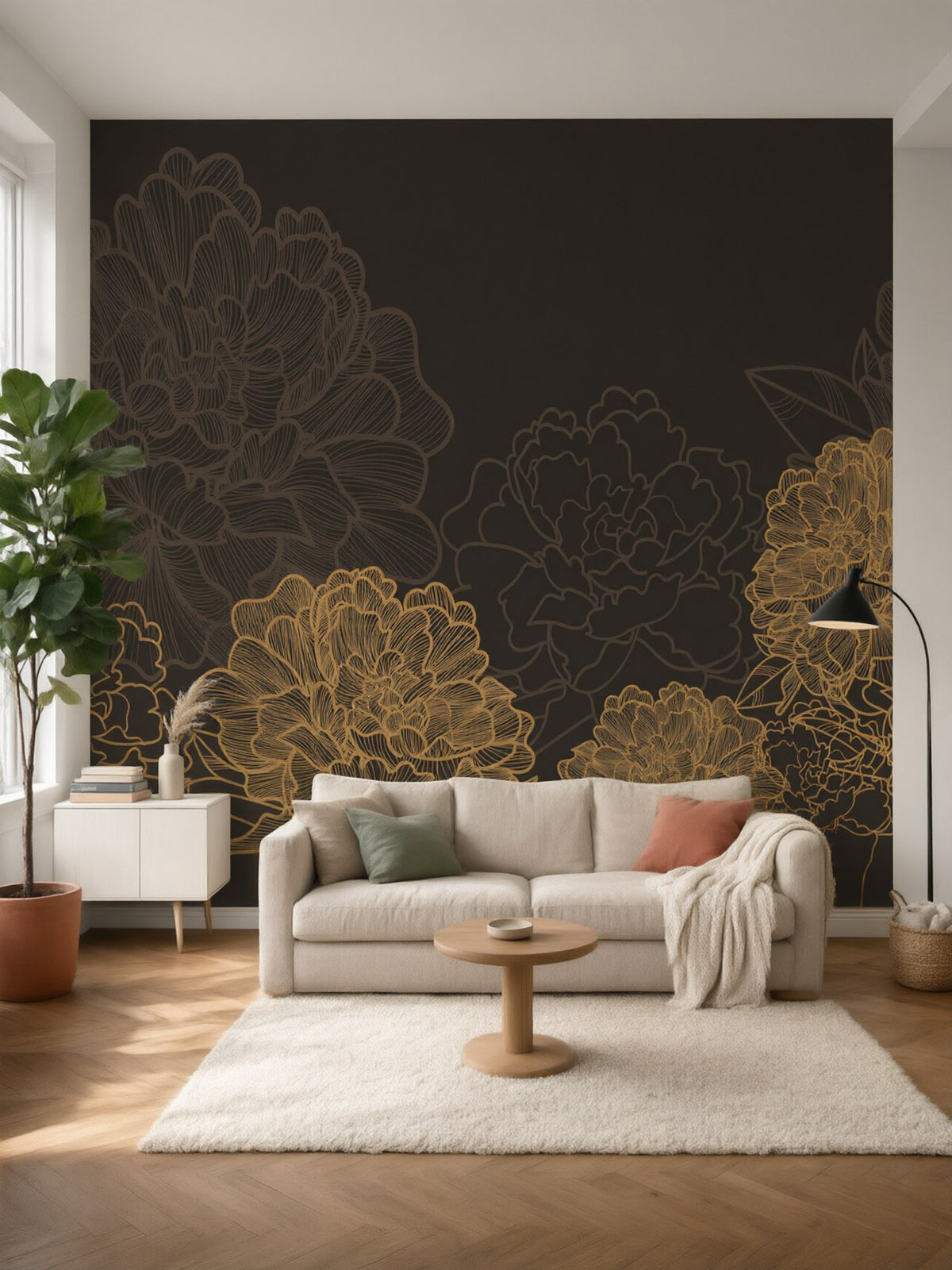 Papier peint panoramique Pivoines dorées posé au mur, vue 2