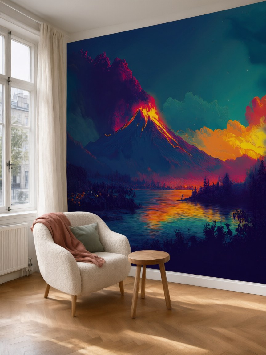 Papier peint panoramique Volcan en éruption posé au mur, vue 5