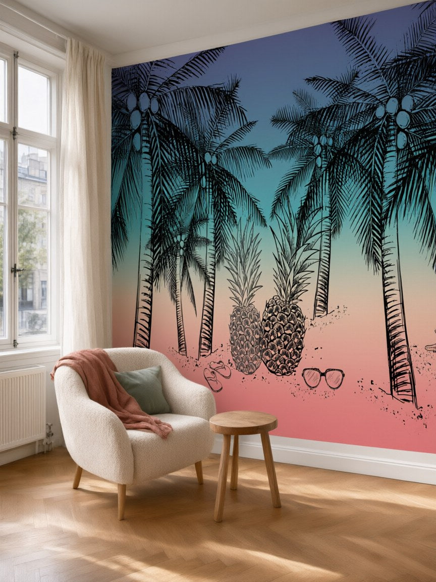 Papier peint panoramique Palmiers au trait posé au mur, vue 5