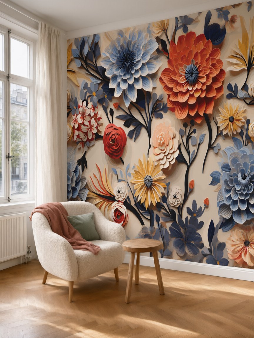 Papier peint panoramique Dahlias en relief posé au mur, vue 5