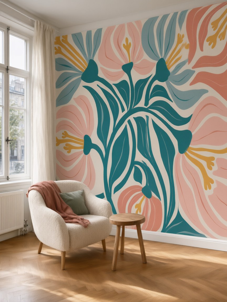 Papier peint panoramique Grandes fleurs posé au mur, vue 5