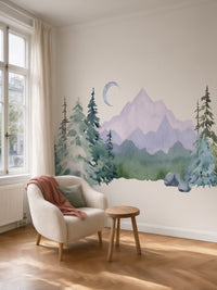 Papier peint panoramique Montagne et sapins posé au mur, vue 5