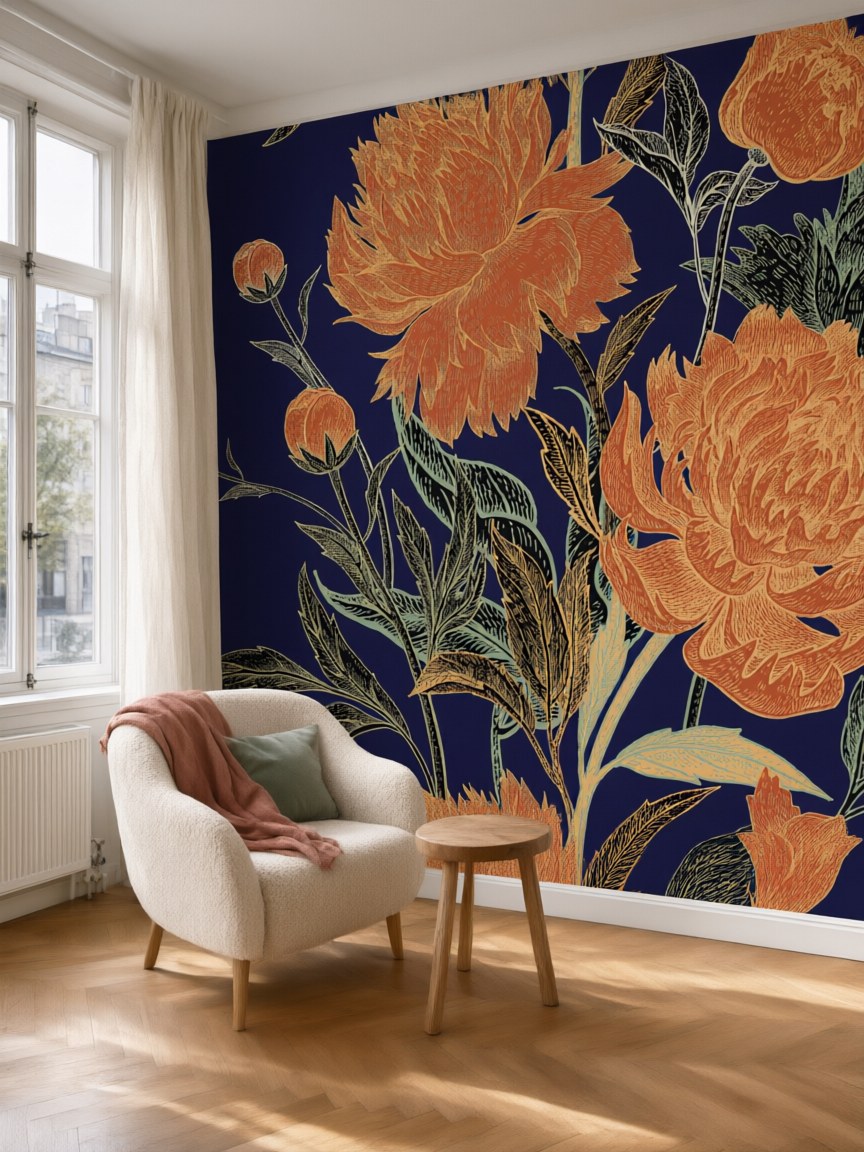 Papier peint panoramique Pivoines posé au mur, vue 5