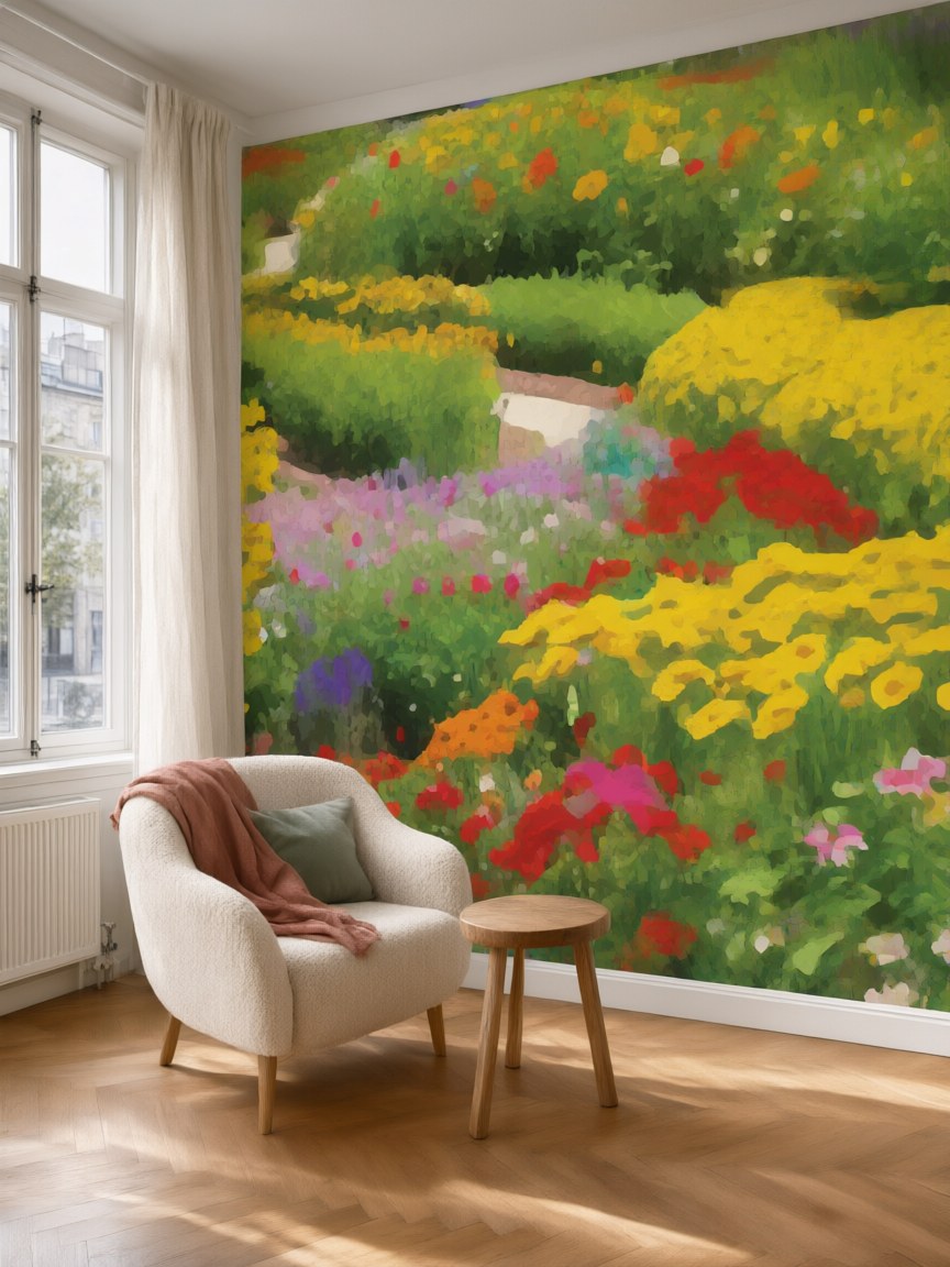 Papier peint panoramique Jardin fleuri posé au mur, vue 5