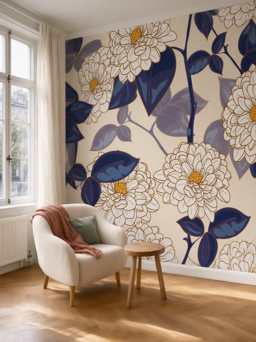 Papier peint panoramique Chrysanthèmes posé au mur, vue 5