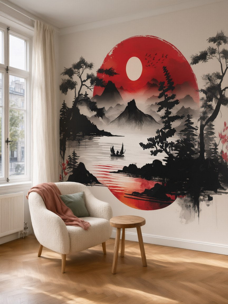 Papier peint panoramique Paysage japonais au soleil rouge posé dans un salon
