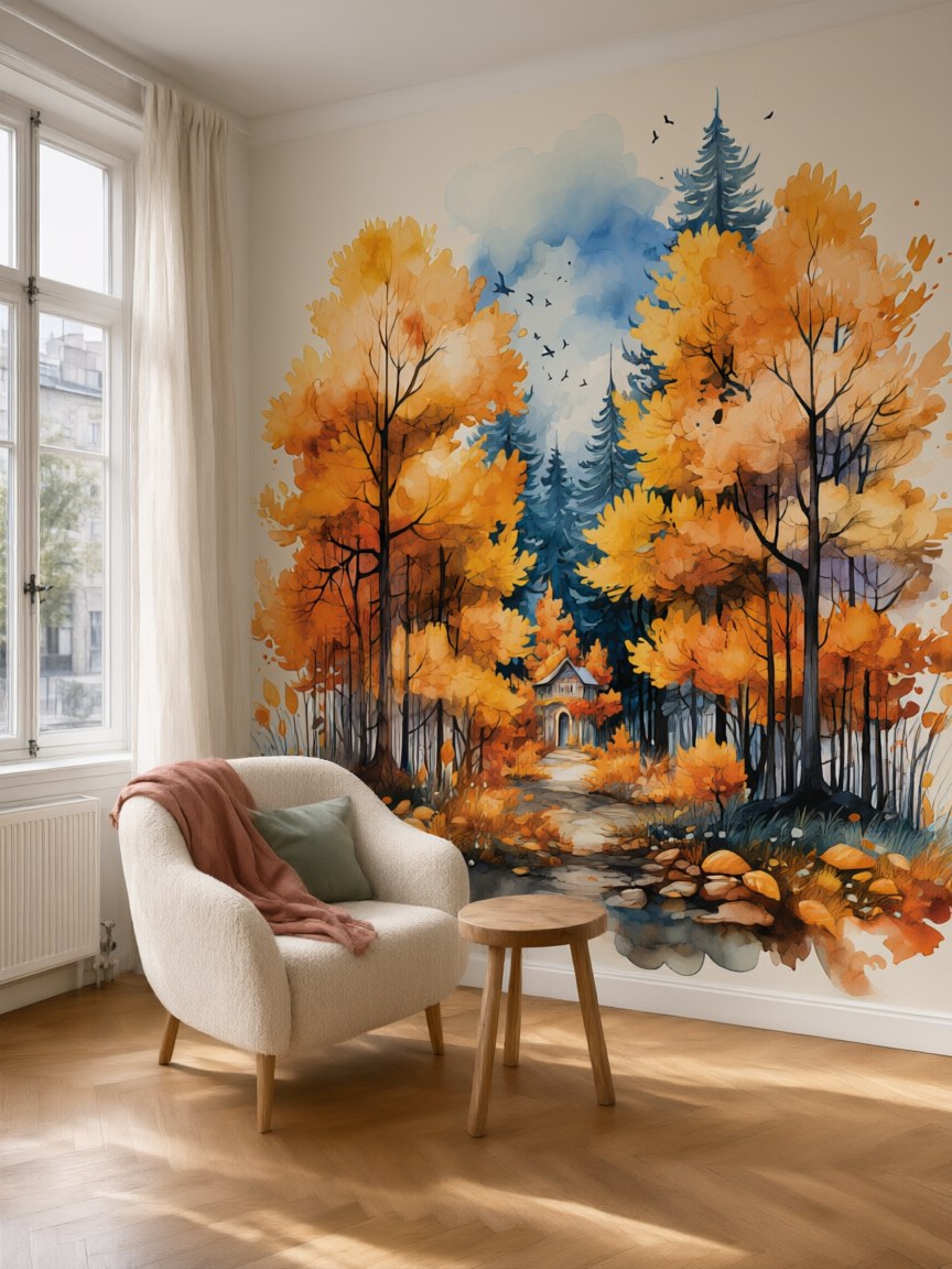 Papier peint panoramique Forêt d’automne aquarelle posé au mur, vue 5