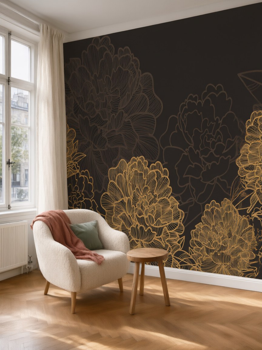 Papier peint panoramique Pivoines dorées posé au mur, vue 5
