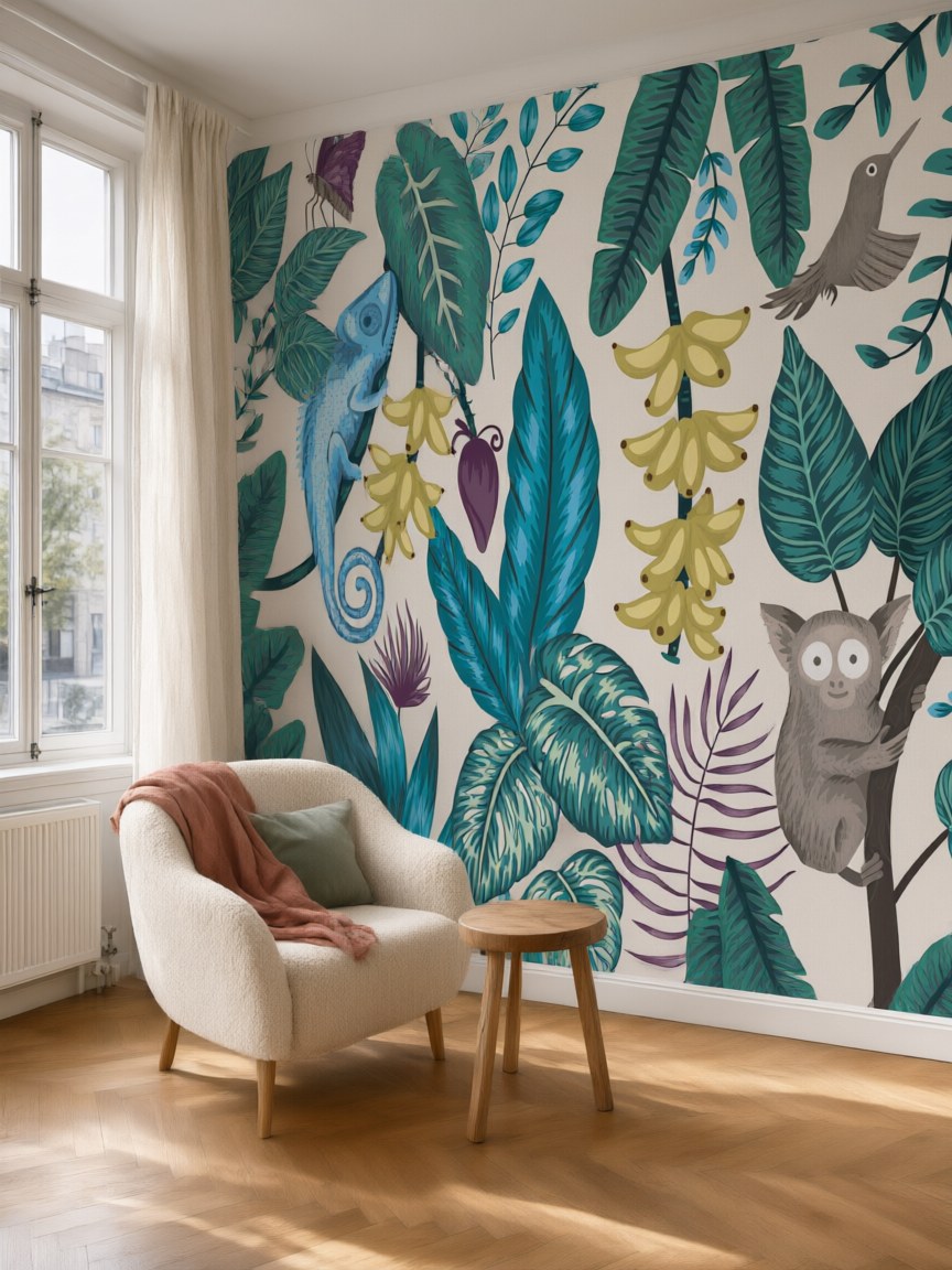 Papier peint panoramique Animaux de la jungle posé dans un salon
