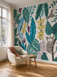 Papier peint panoramique Animaux de la jungle posé dans un salon