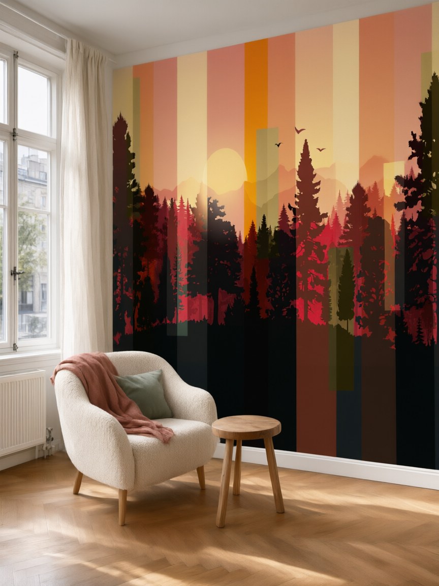 Papier peint panoramique Forêt au couchant posé au mur, vue 5