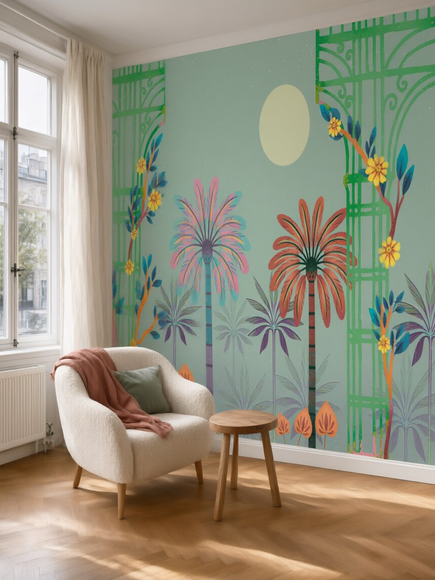 Papier peint panoramique Oasis de palmiers posé dans un salon