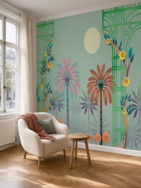 Papier peint panoramique Oasis de palmiers posé dans un salon