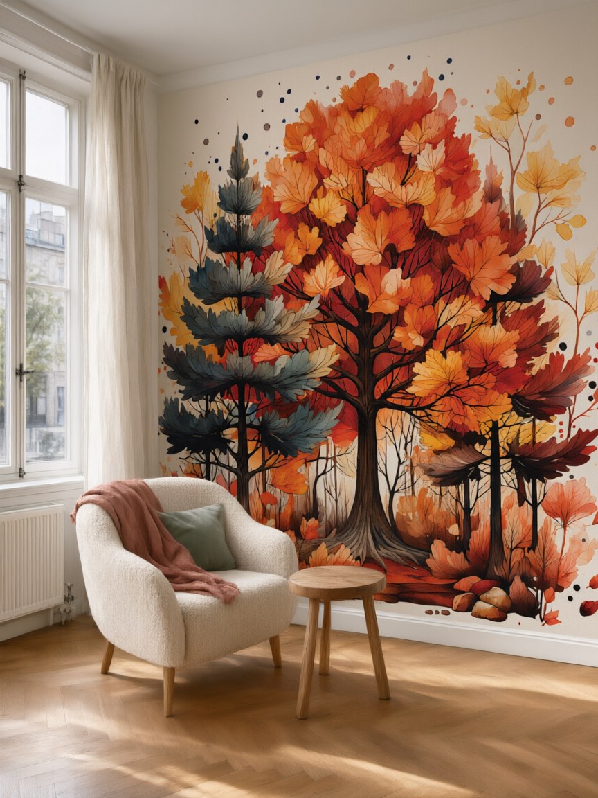 Papier peint panoramique Bosquet d'automne posé au mur, vue 5