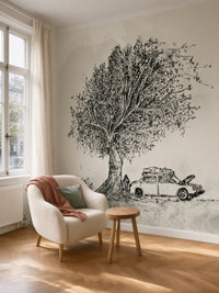 Papier peint panoramique Arbre et voiture ancienne posé au mur, vue 5