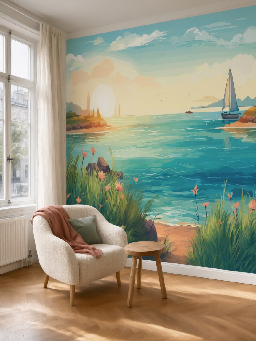 Papier peint panoramique Mer et voilier posé au mur, vue 5