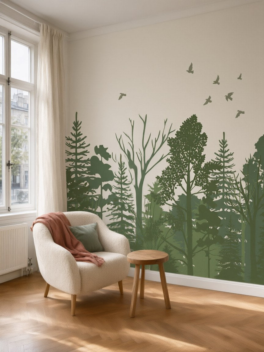 Papier peint panoramique Forêt en silhouettes posé au mur, vue 5