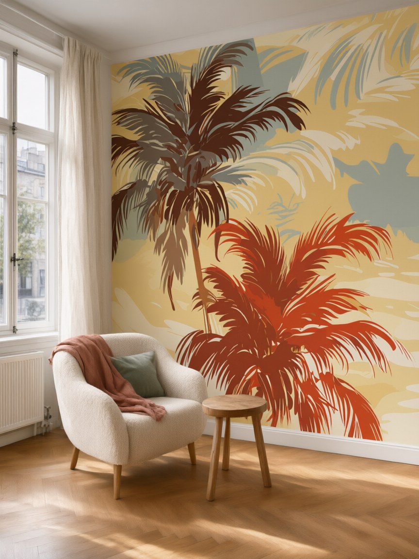 Papier peint panoramique Palmiers abstraits posé au mur, vue 5