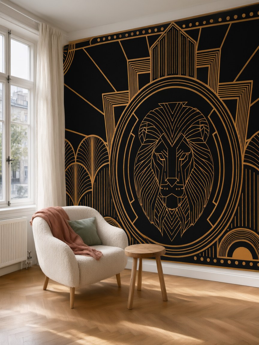Papier peint panoramique Lion Art déco posé au mur, vue 5