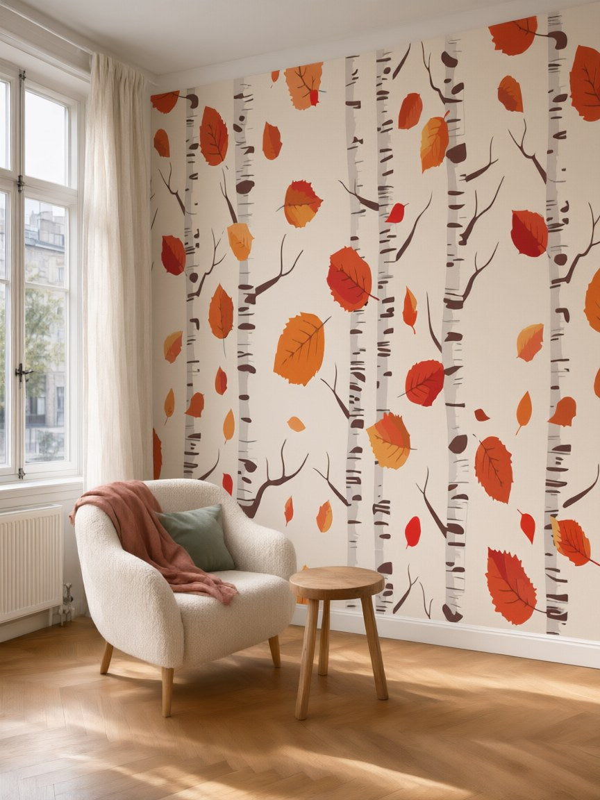 Papier peint panoramique Bouleaux d’automne posé au mur, vue 5