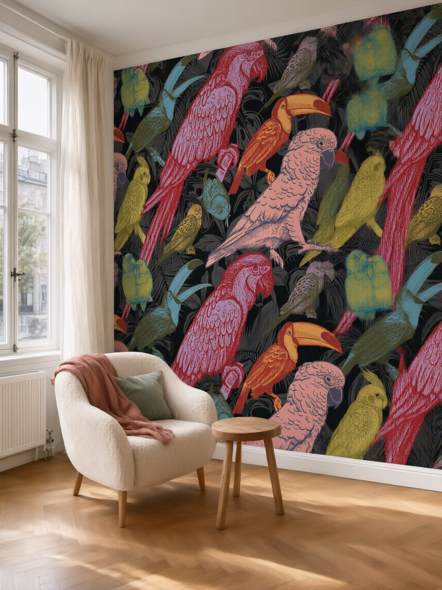 Papier peint panoramique Perroquets et toucans posé au mur, vue 5