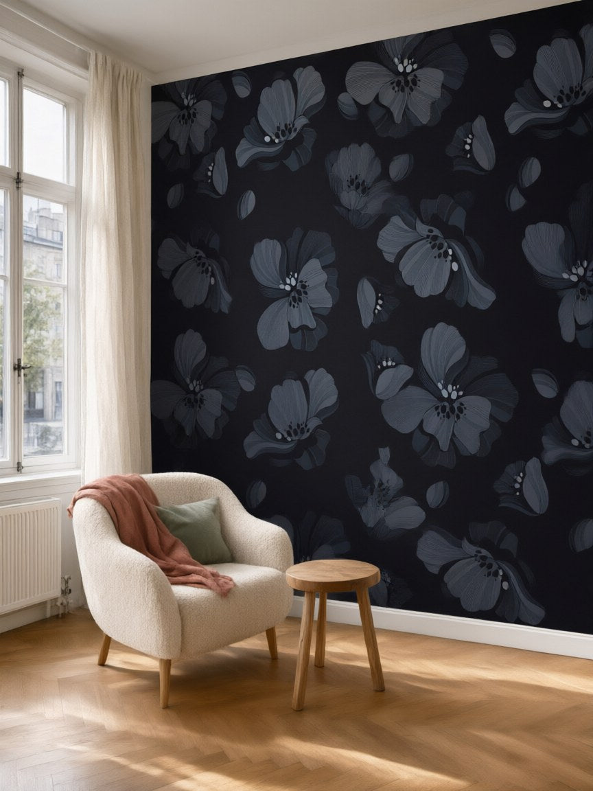 Papier peint panoramique Fleurs de nuit posé au mur, vue 5