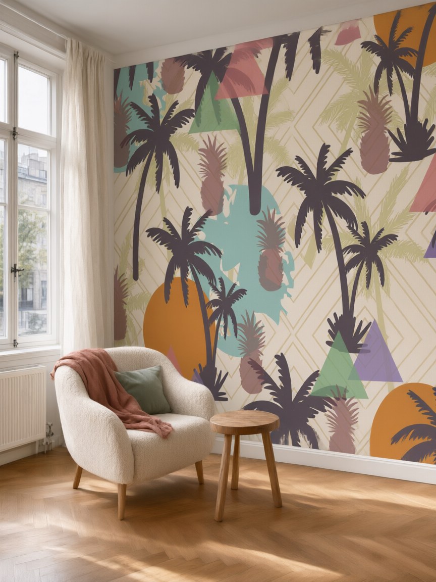 Papier peint panoramique Palmiers et ananas posé au mur, vue 5