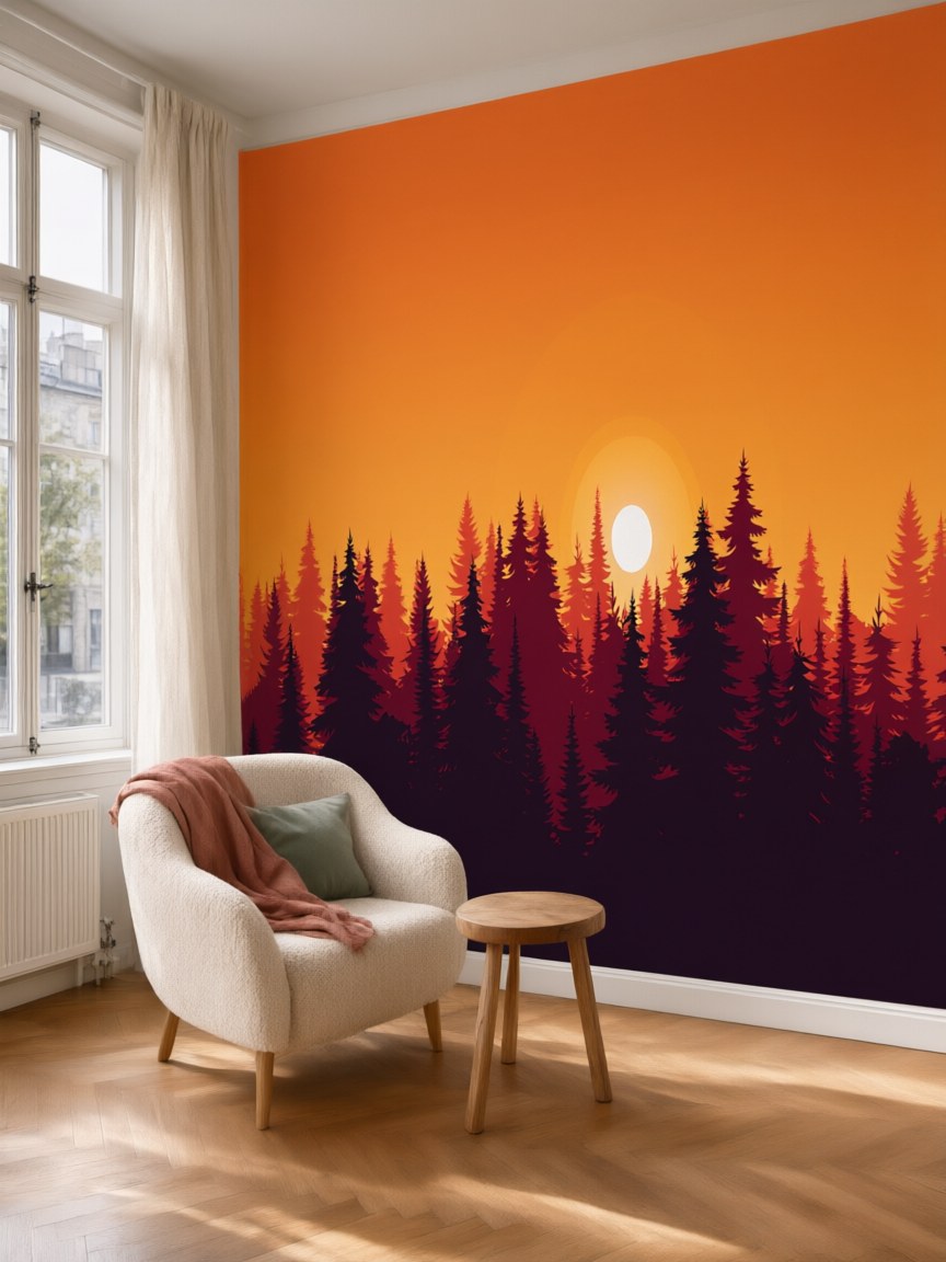 Papier peint panoramique Forêt au couchant posé au mur, vue 5