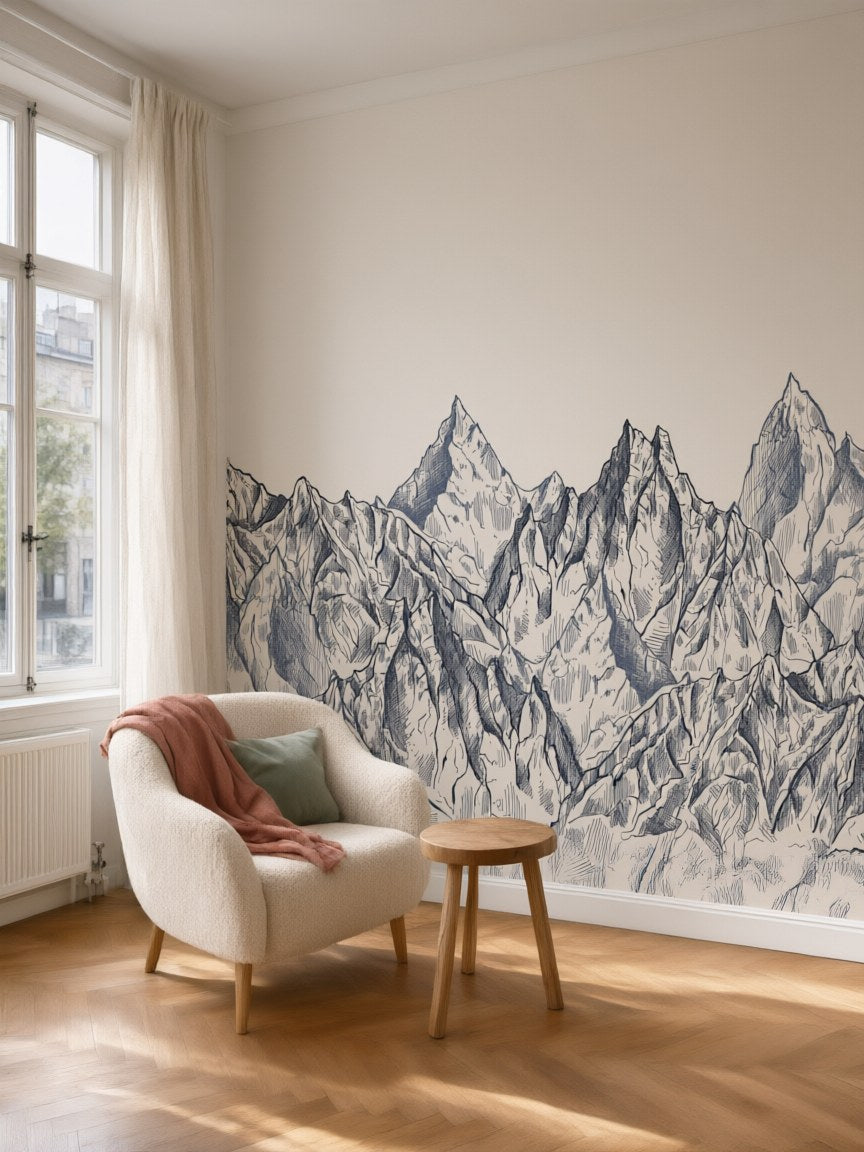 Papier peint panoramique Montagnes gravées posé au mur, vue 5