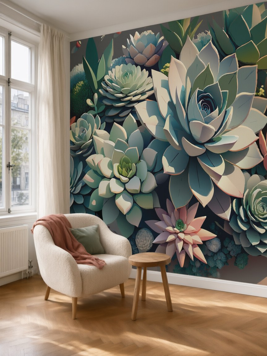 Papier peint panoramique Succulentes en relief posé au mur, vue 5