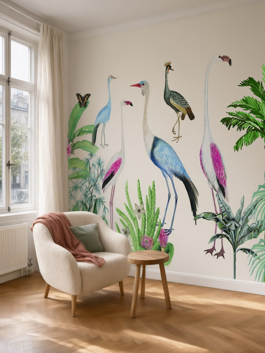 Papier peint panoramique Flamants et échassiers posé au mur, vue 5