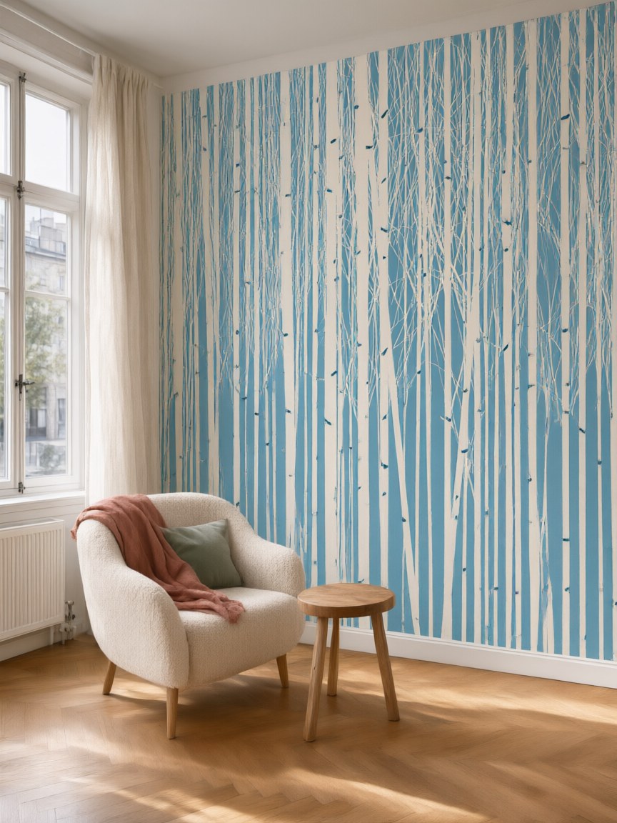 Papier peint panoramique Bouleaux posé au mur, vue 5