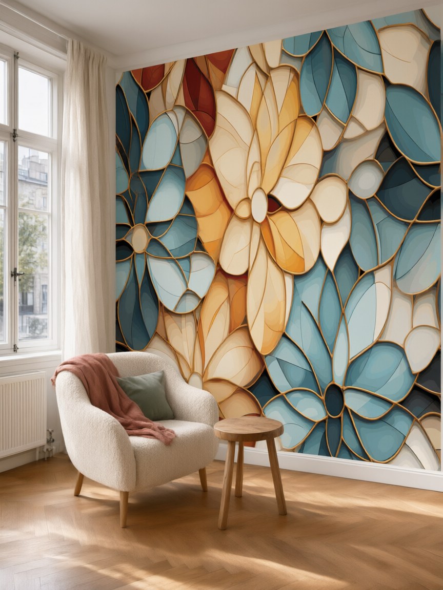 Papier peint panoramique Vitrail floral posé au mur, vue 5