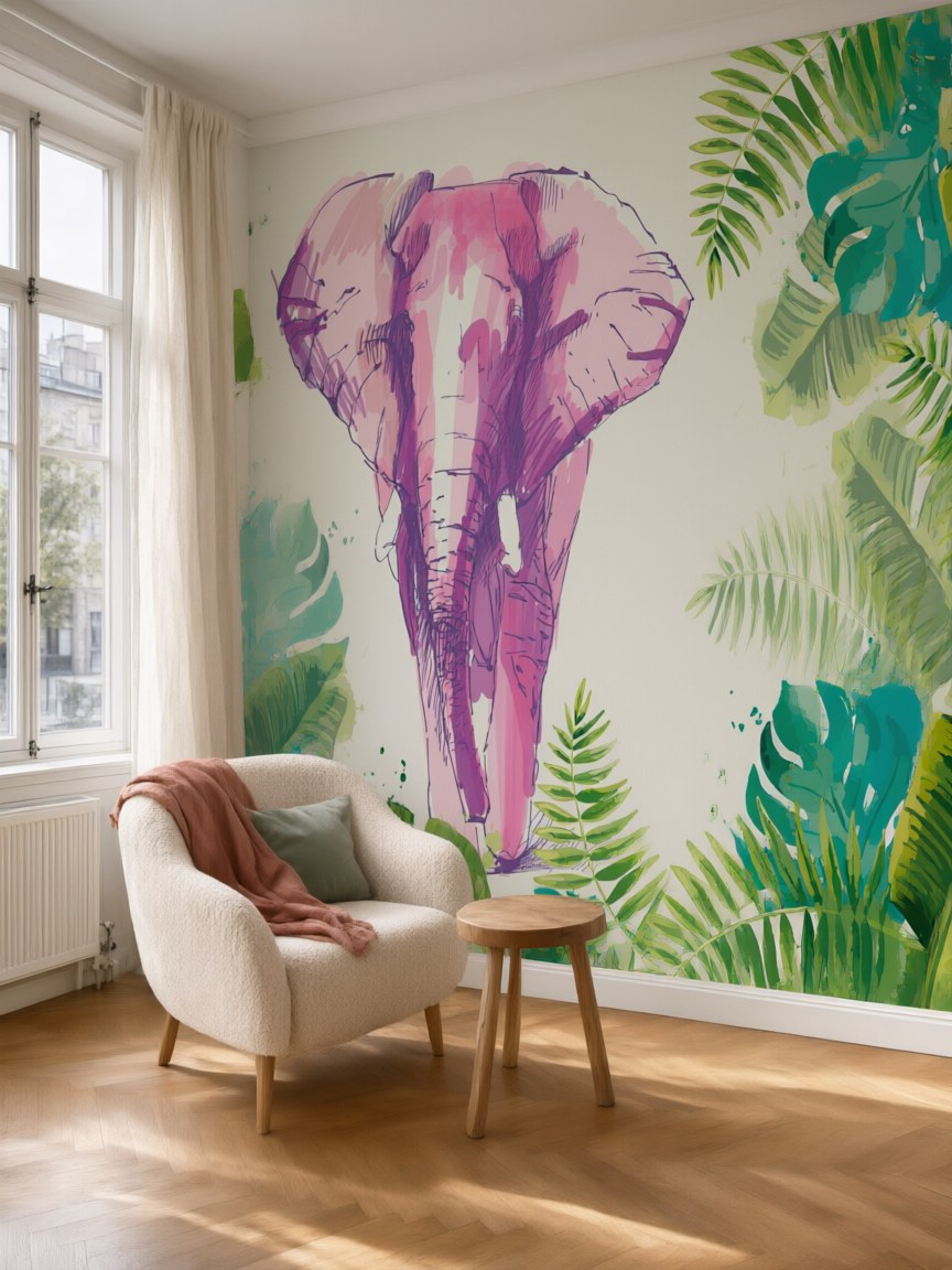 Papier peint panoramique Éléphant dans la jungle posé dans un salon