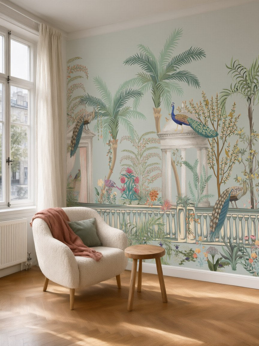 Papier peint panoramique Paons au jardin posé au mur, vue 5