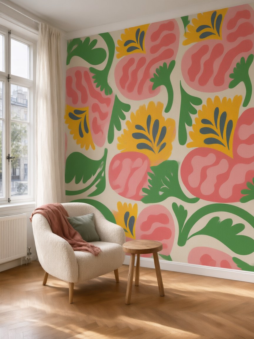Papier peint panoramique Fleurs graphiques posé au mur, vue 5