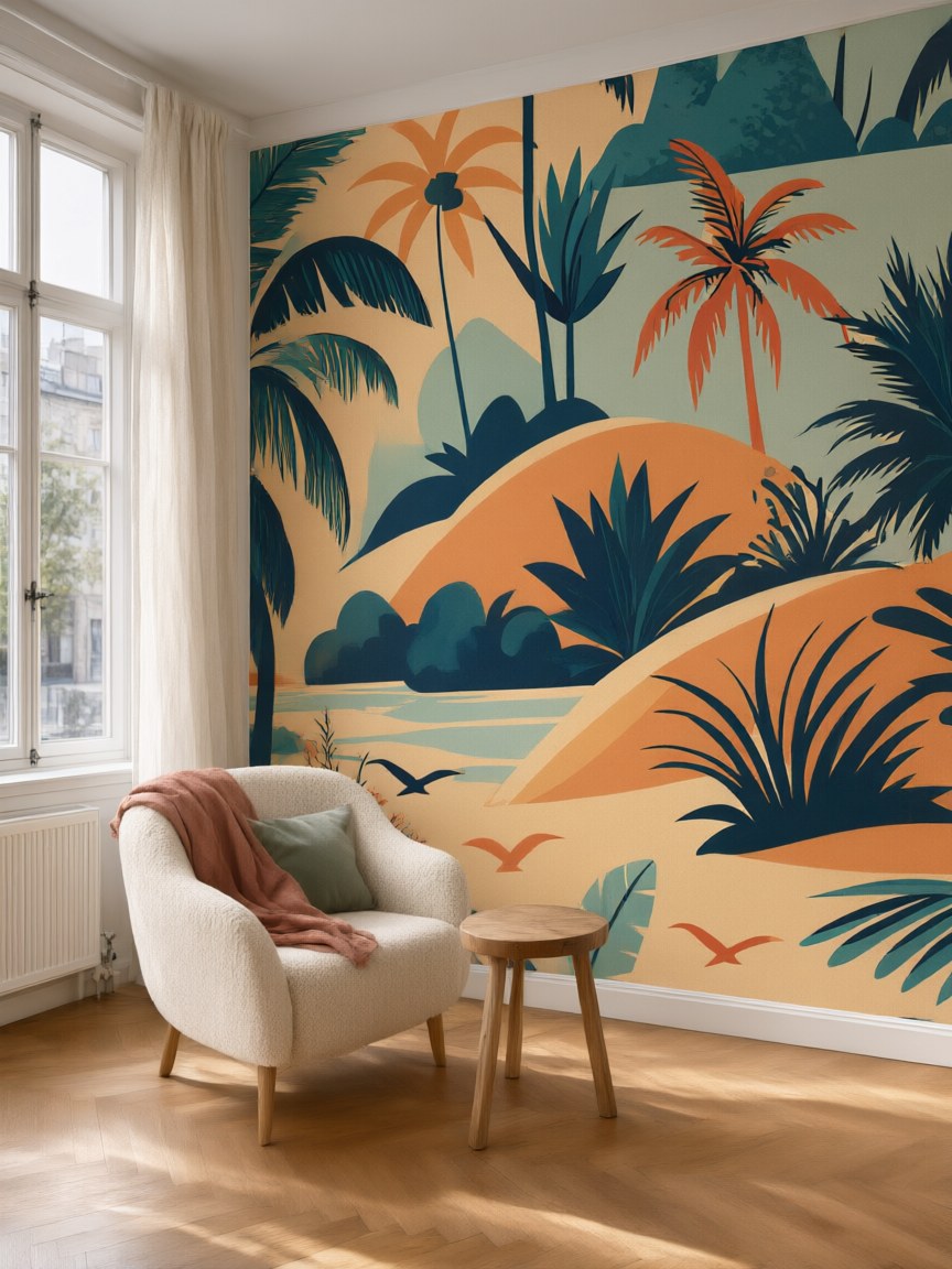 Papier peint panoramique Rêve de palmiers posé au mur, vue 5